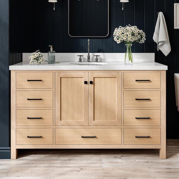 ARIEL Cambridge 60 in. Single Sink Freestanding Bathroom Vanity in Oak with Pure White Quartz Top