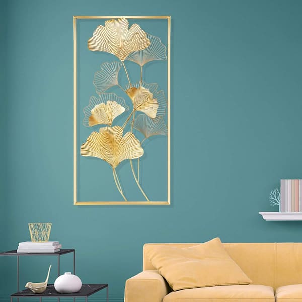 Metal Wall Decor, 39 in. x 20 in. Gold Ginkgo Leaf Wall Hanging Decor with Frame, Golden Metal Art Wall Sculpture