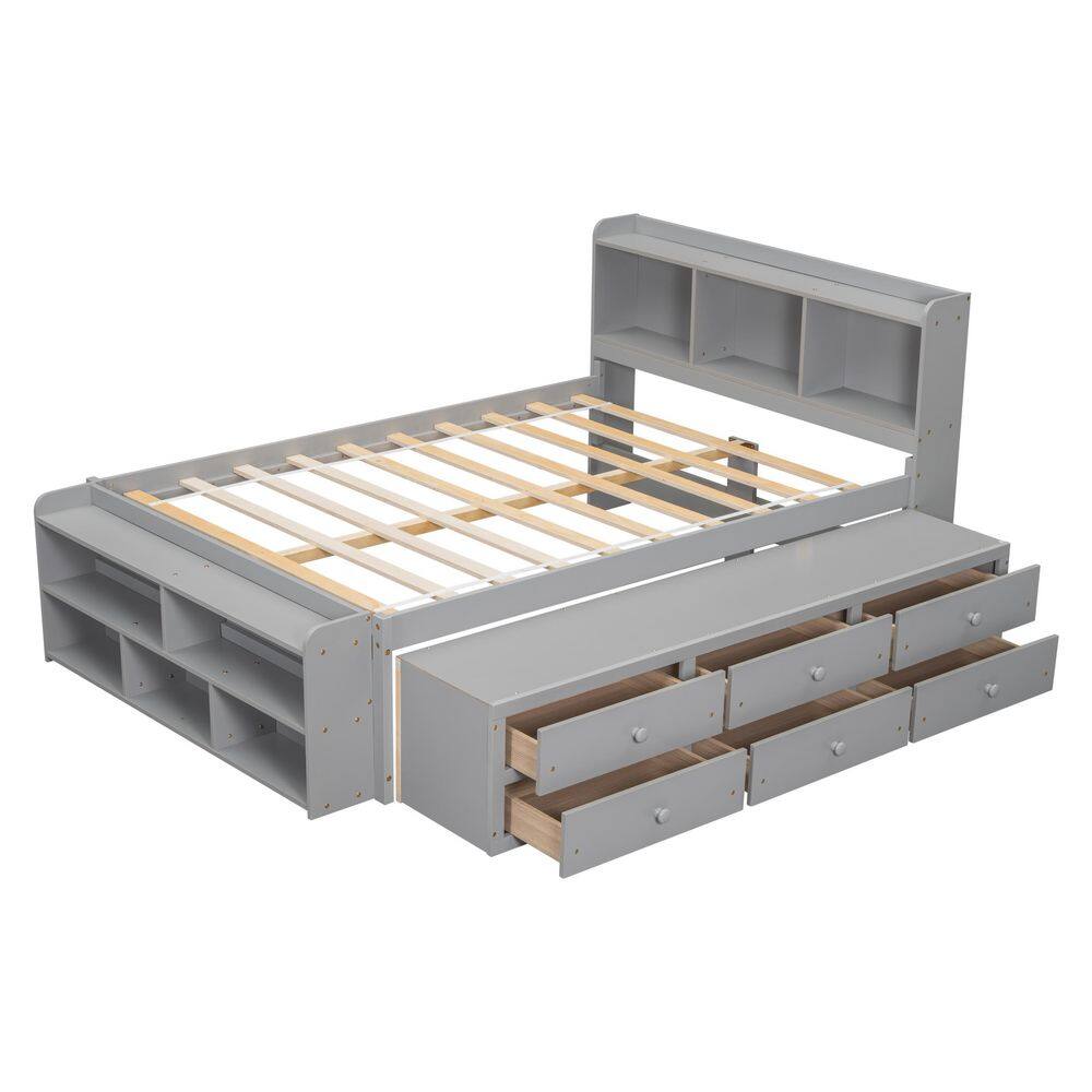 Espresso Brown Wood Frame Full Size Platform Bed with Bookcase Headboard and Storage Drawers - thumbnail 10