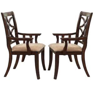 Cherry Brown and Beige Solid Wooden Arm Chair with Beige Fabric Seat (Set Of 2)