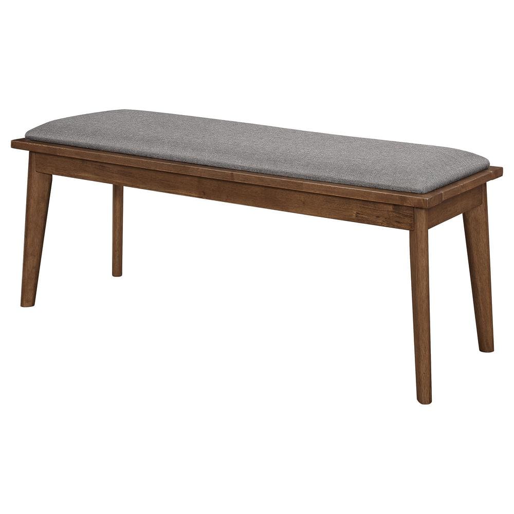 Retro-Inspired Gray Upholstered Dining Bench with Natural Walnut Legs