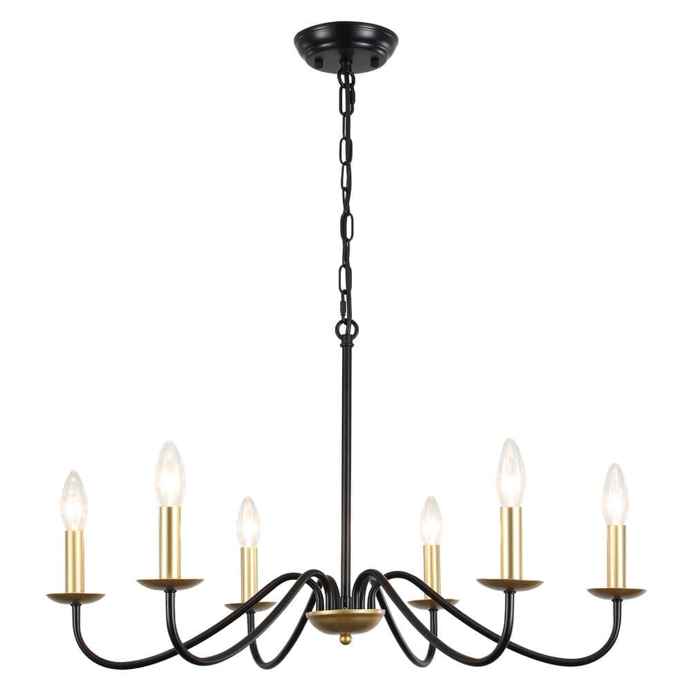 6-Light Black and Gold Farmhouse Candle Style Rustic Chandelier for Kitchen