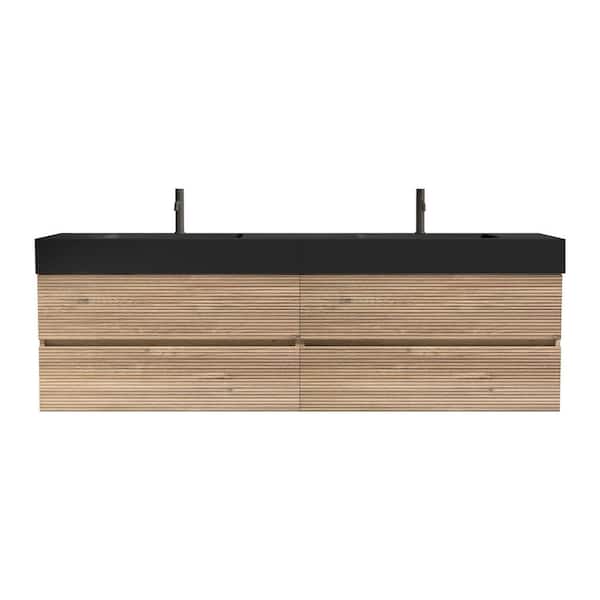 72 in. Wall Mounted Oak Bath Vanity with Black solid surface Top Unassembled