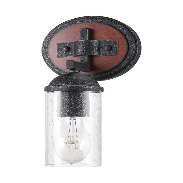 Globe Electric Kingston 6.93 in. 1-Light Dark Faux Wood Vanity Light with Galvanized Metal Accents and Clear Seeded Glass Shade