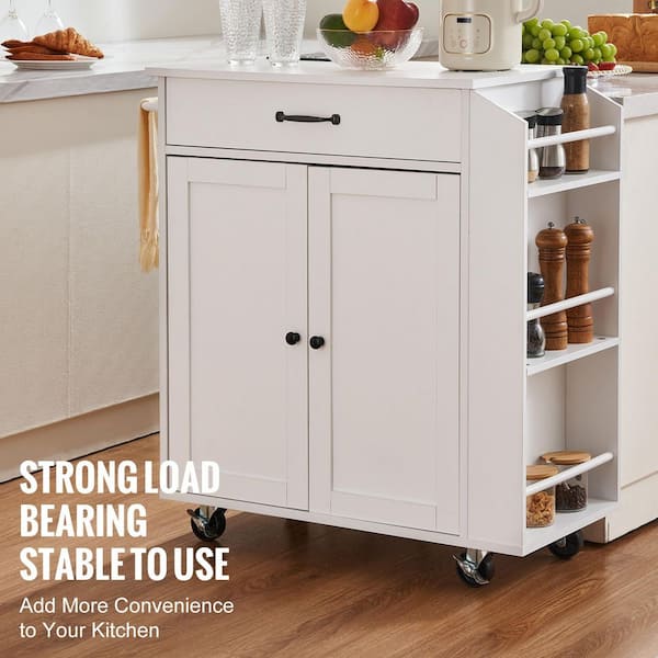 White Wood 36 in. Kitchen Island with Storage Cabinet, Portable Islands on Wheels with Charging Station