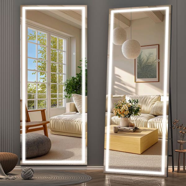Vosuja 32 in. W x 79 in. H Square Black LED Lighted Floor Standing Mirror, Hanging Mounted Mirror, Dimmable, Tempered Glass