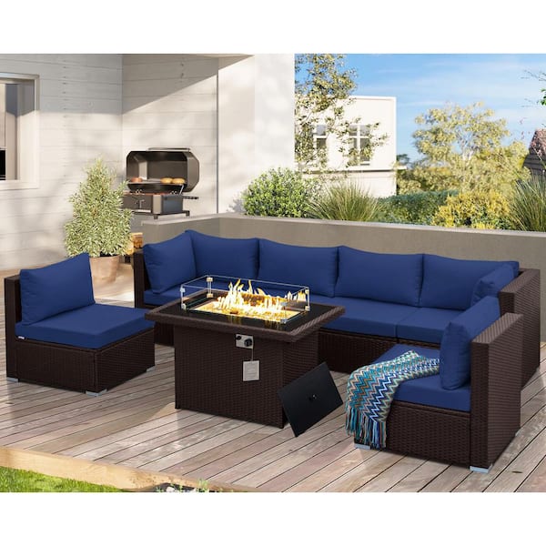 FINCATI Luxury 7 Pieces Espresso Wicker Patio Fire Pit Conversation Sectional Deep Seating Sofa Set with Navy Blue Cushions