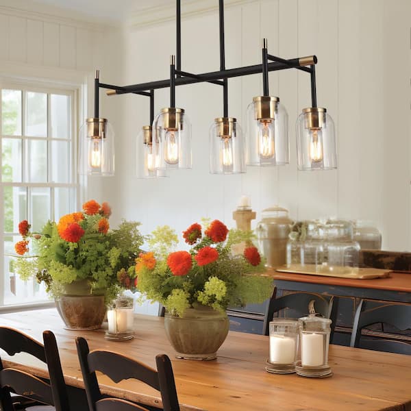 6-Light Mid-century Modern Pendant Light with Clear Glass Shade Black and Gold Chandelier Lighting for Living Room