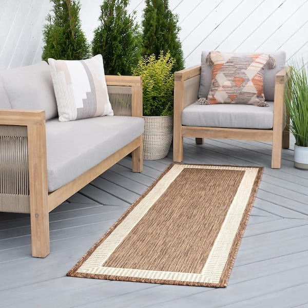 Eco Striped Border Brown 3 ft. x 10 ft. Indoor/Outdoor Runner Rug