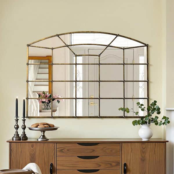 47 in. W x 34 in. H Arched Antique Bronze Metal Framed Windowpane Design Wall Mounted Bathroom Vanity Mirror