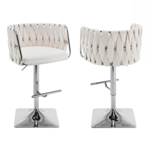 Best Quality Furniture Debra 34 in. Upholstered Cream Low Back Metal Frame Adjustable Bar Stool With Velvet Fabric (Set of 2)