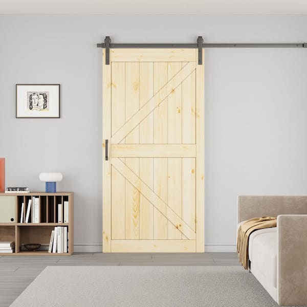 42 in. x 84 in. K-Shape Solid Core Pine Wood Unfinished Sliding Barn Door Slab with Hardware Kit and Soft Close