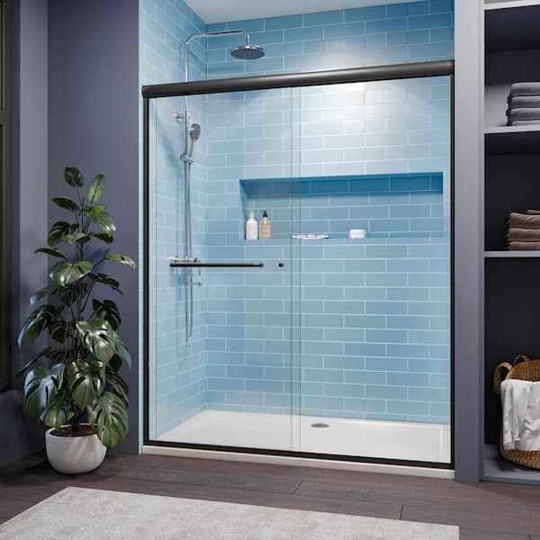 TOOLKISS 60 in. W x 72 in. H Sliding Semi-Frameless Shower Door in Black with Clear Glass