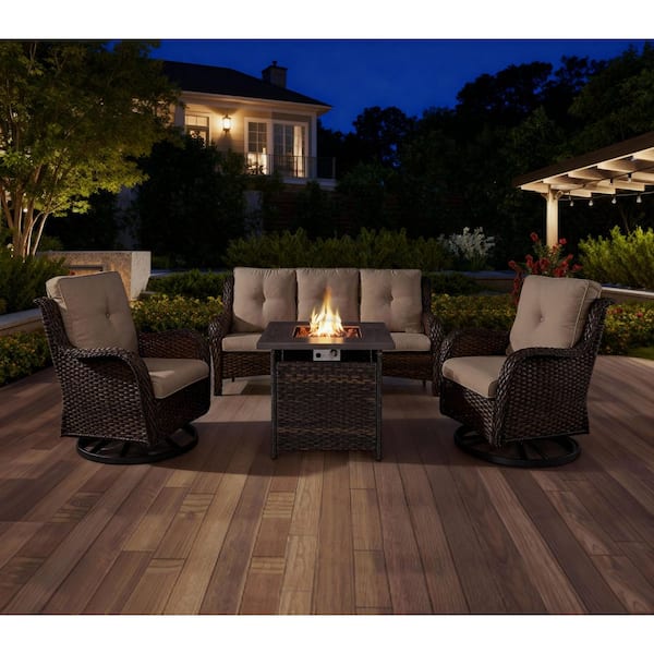 4-Piece Brown Wicker Patio Conversation Set, Sofa, Outdoor Swivel Chairs and Fire Pit Table with Gray Cushions