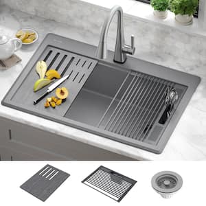 Everest Dark Grey Granite Composite 33 in. Single Bowl Drop-In Workstation Kitchen Sink with Accessories