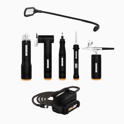 MakerX 20-Volt Cordless Rotary Tool Kit w/Wood & Metal Crafter, Air Brush, Heat Gun, Grinder, LED Light & 61 Accessories
