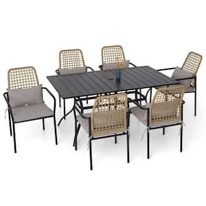 7-Piece Metal Outdoor Dining Set with Gray Cushion and Pillow