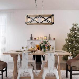 Farmhouse Dining Room Chandelier, 4-Light Brown Wood/Black Metal Kitchen Island Pendant with White Frosted Glass Shades