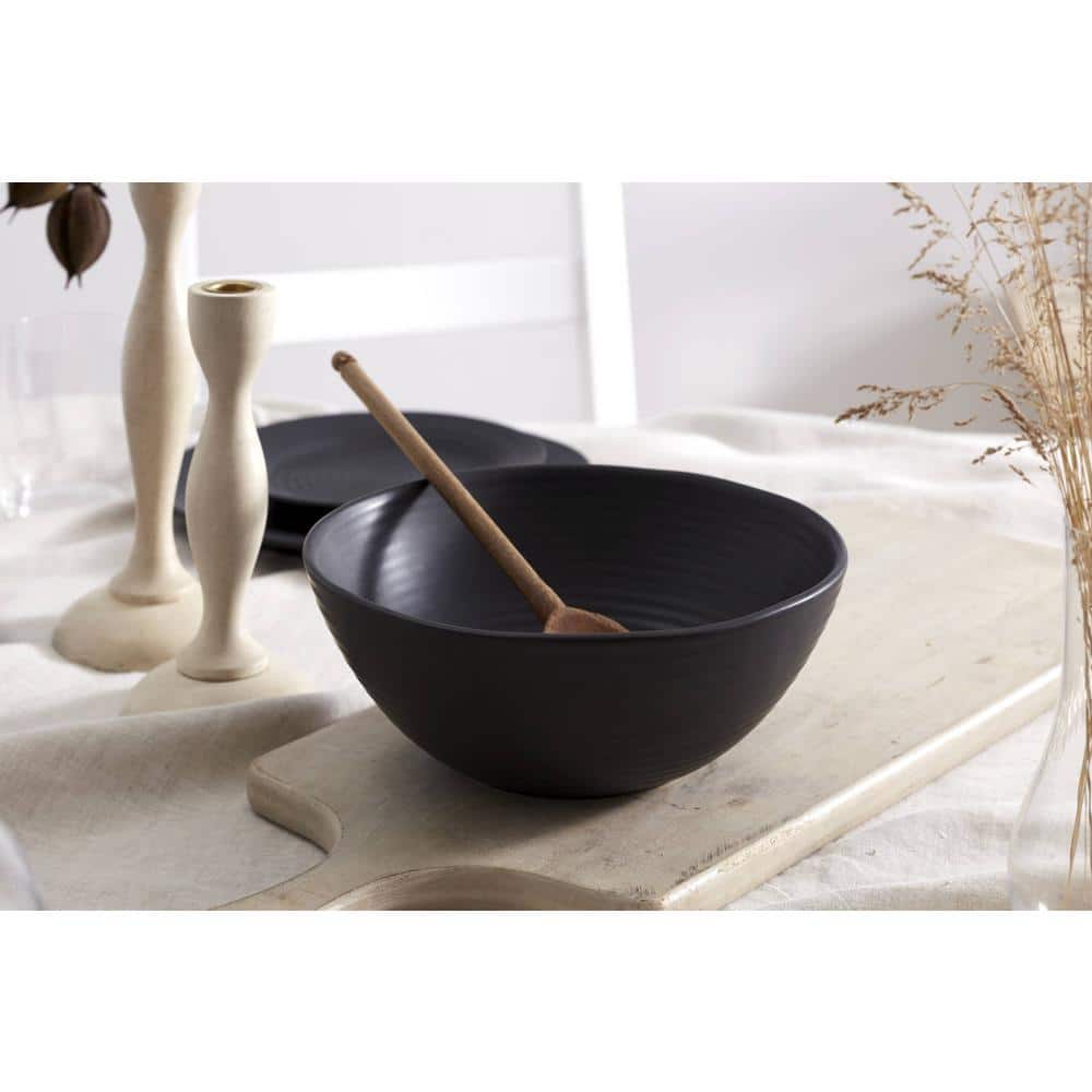 Black Ceramic 12-Piece Round Dinnerware Set with Swirl Embellishment