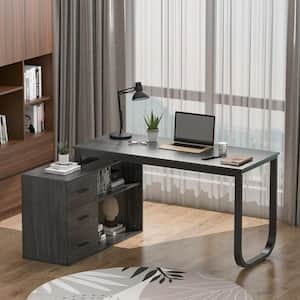 55.1 in. L-Shaped Gray Wood Executive Writing Desk Computer Desk Workstation W/Removable Tabletop, Shelves, 3-Drawers