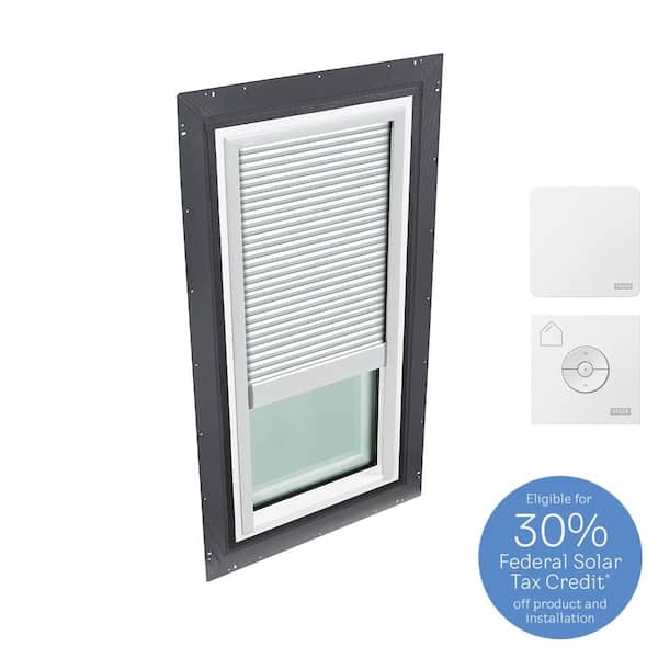 VELUX 22-1/2 in. x 46-1/2 in. Fixed Self Flashed Skylight w/ Laminated Low-E3 Glass & White Solar Powered Room Darkening Blind