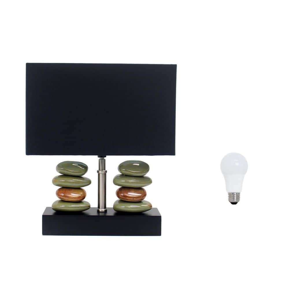 14 in. Rectangular Dual Stacked Stone Ceramic Table Lamp with Black Shade w