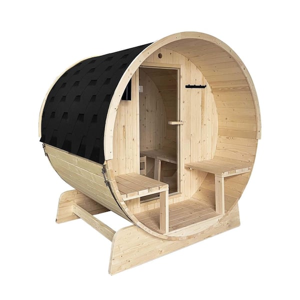 Outdoor Indoor Finland Pine Wet Dry Barrel Sauna 3-5 Person Front Porch Canopy 4.5 kW ETL Certified Bitumen Shingle Roof