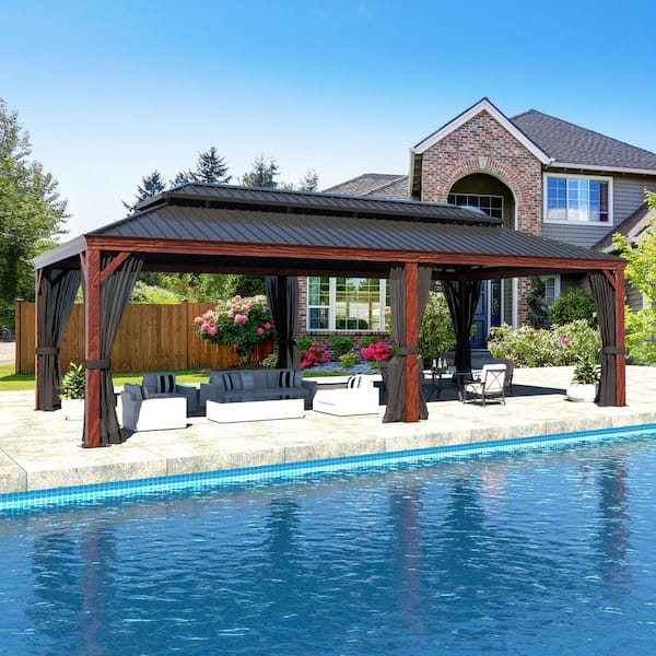 24 ft. x 14 ft. Wood Grain Aluminum Hardtop Gazebo Double Roof with Netting