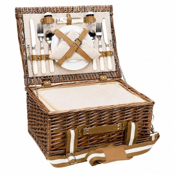 Pearl Flower 31-Piece Wicker Picnic Basket Set for 4 with Waterproof Blanket, Insulated Cooler and Cutlery Kit