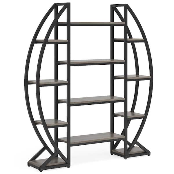 BYBLIGHT Eulas 69.48 in. Tall Gray Wood Triple Wide 12-Shelf Etagere Bookcase, Industrial Bookshelf with Storage for Living Room