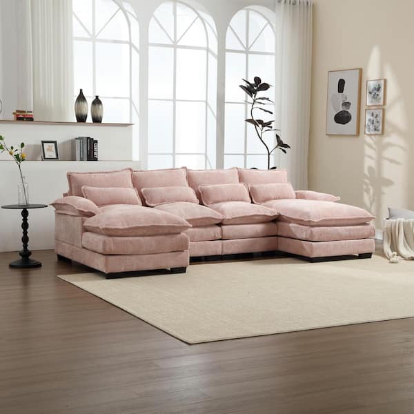 HOMEFUN 110 in. Rolled Arm 4-Piece U-Shaped Modular Chenille Sectional Sofa Couch in Pink with 2 Cushions and 4 Pillows