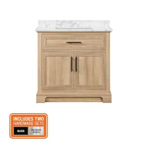 Doveton 36 in. Single Sink Freestanding Weathered Tan Bath Vanity with White Engineered Marble Top (Assembled)