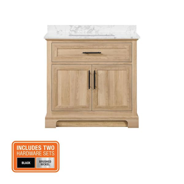 Doveton 36 in. Single Sink Freestanding Weathered Tan Bath Vanity with White Engineered Marble Top (Assembled)