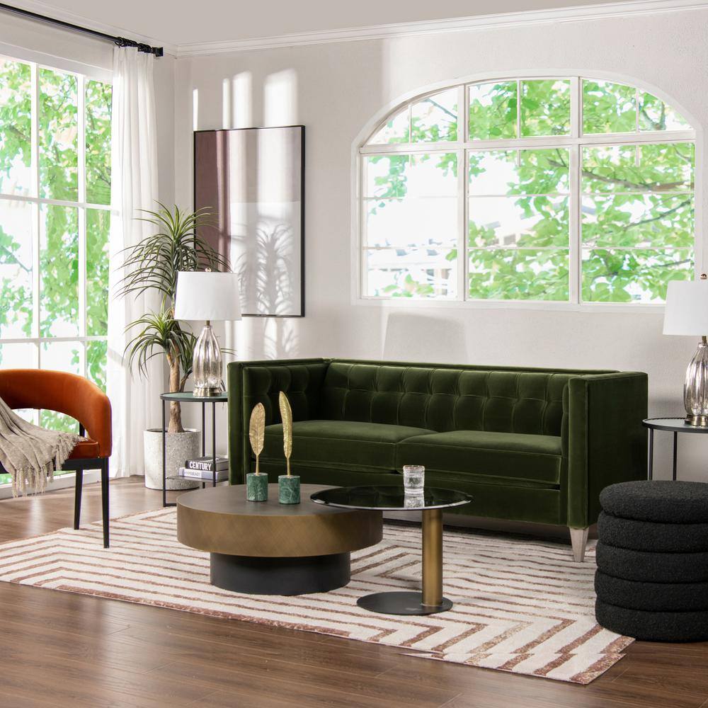 James 74" Olive Green Velvet Tuxedo Sofa with Wood Legs