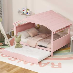 Pink Wood Full Size House Platform Bed with Twin Size Trundle and Storage Shelf