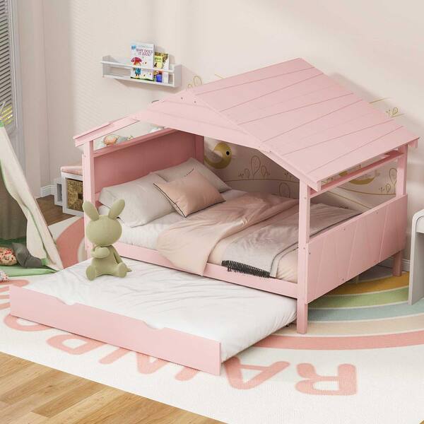 Harper & Bright Designs Pink Wood Full Size House Platform Bed with Twin Size Trundle and Storage Shelf
