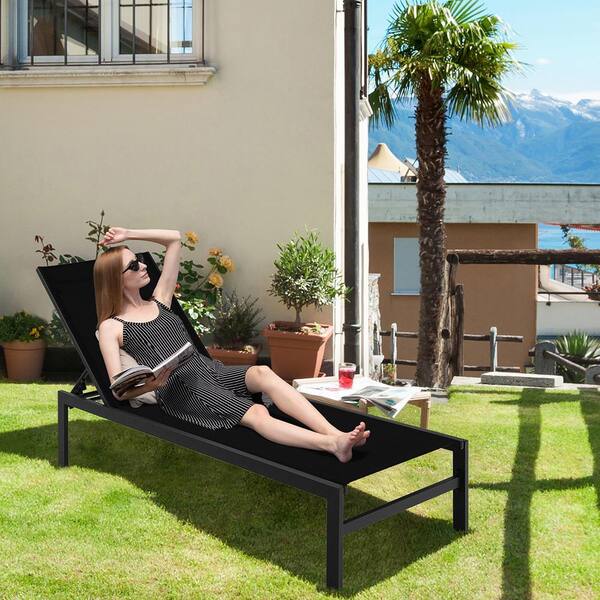 Aluminum Outdoor Chaise Lounge Chair Adjust 6-Position Patio Recliner in Black