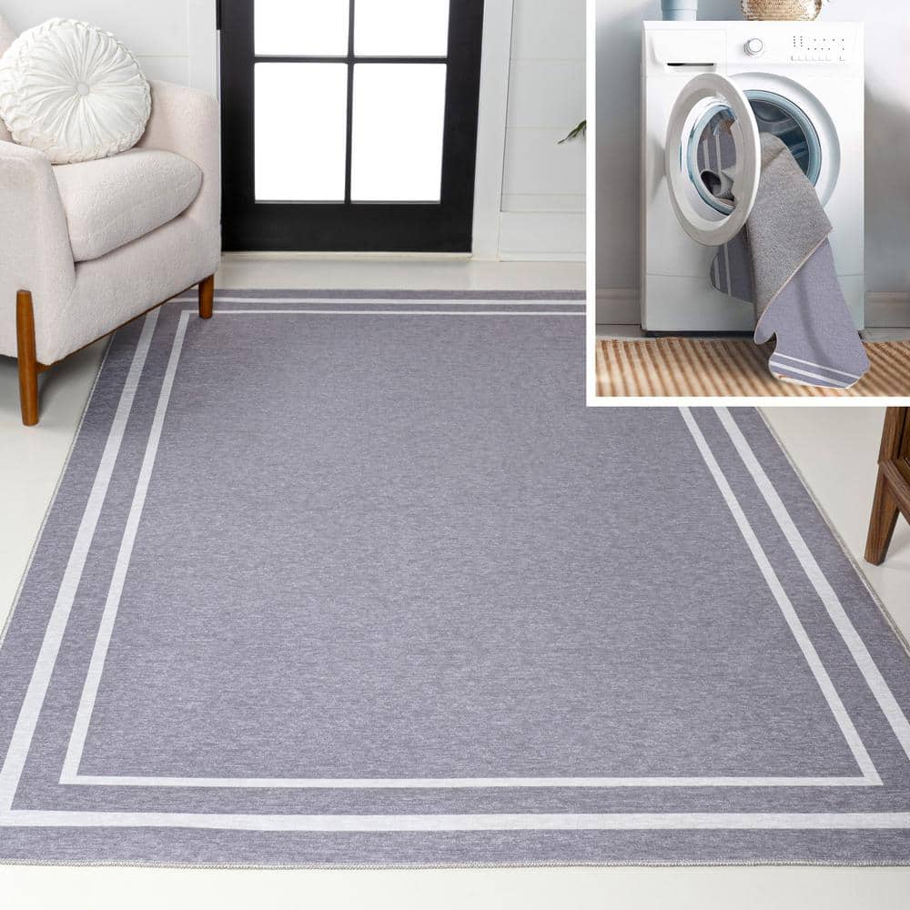 Gray and Cream Striped Chenille 9' x 12' Washable Area Rug