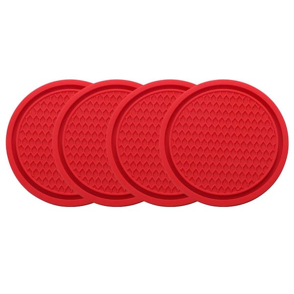2.77 in. Silicone Red Car Cup Coaster 4-Piece Non-Slip Waterproof Dustproof for Home Office