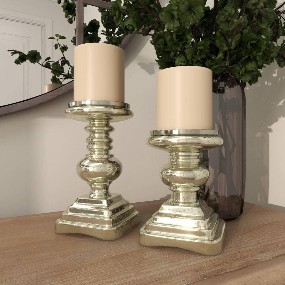 Elegant Silver Mercury Glass Pillar Candle Holder Set, 9" & 7"H