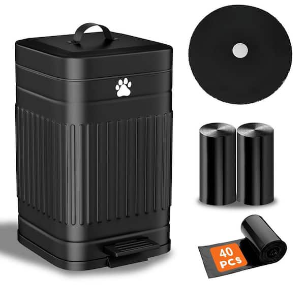 1.3-Gal. Black Outdoor Trash Can with 40 Bags, Metal Foot-Pedal Poop Bucket with Lid and Soft-Close for Pets