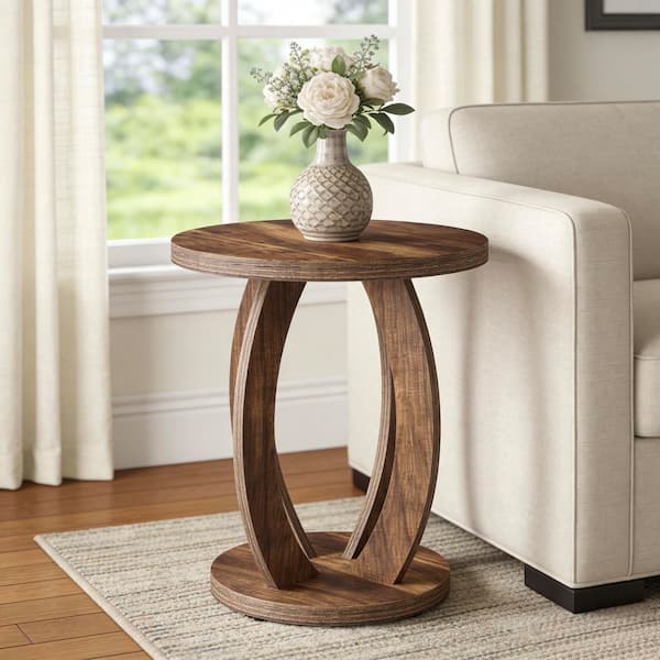 19.69 in. Walnut Round Wood End Table Side Table for Living Room, Bedroom