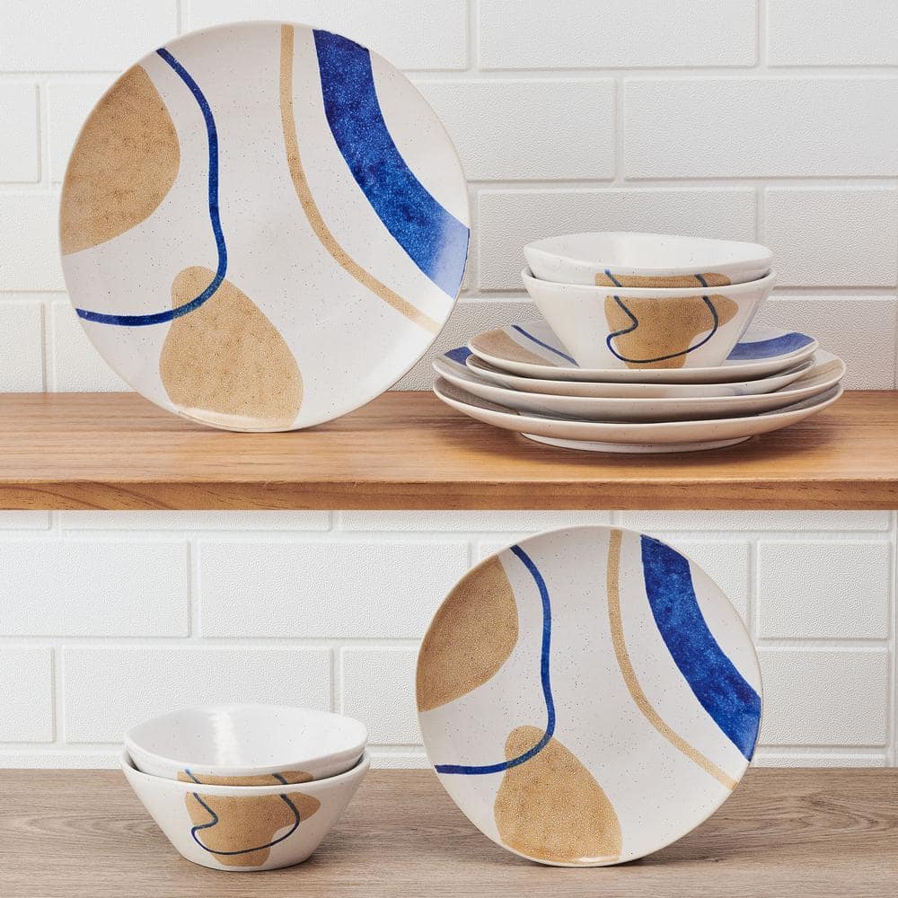 Artful Circles Blue and Beige Stoneware Dinnerware Set, Service for 4