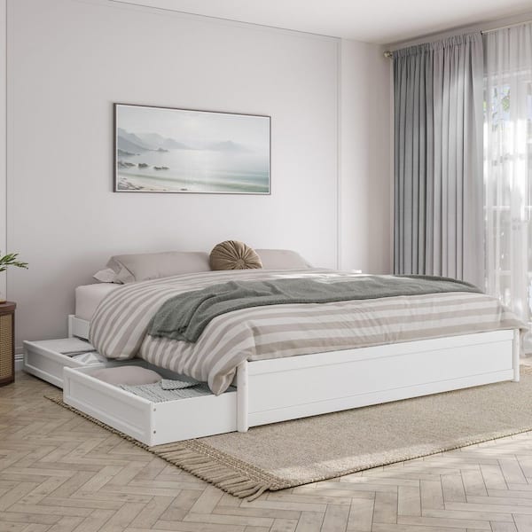 AFI Barcelona White Solid Wood Frame King Panel Platform Bed with Storage Drawers