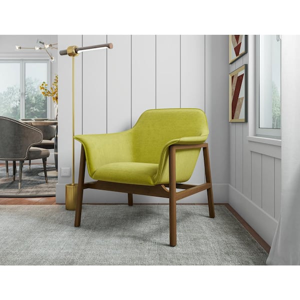 Manhattan Comfort Miller Mid-Century Modern Green and Walnut Linen Weave Fabric Upholstered Accent Arm Chair (Set of 2)
