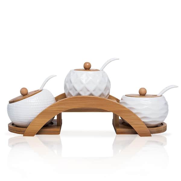 5.8 oz. White Porcelain Spice Jar with Bamboo Lids Tray, Ceramic Serving Spoon (Set of 3)