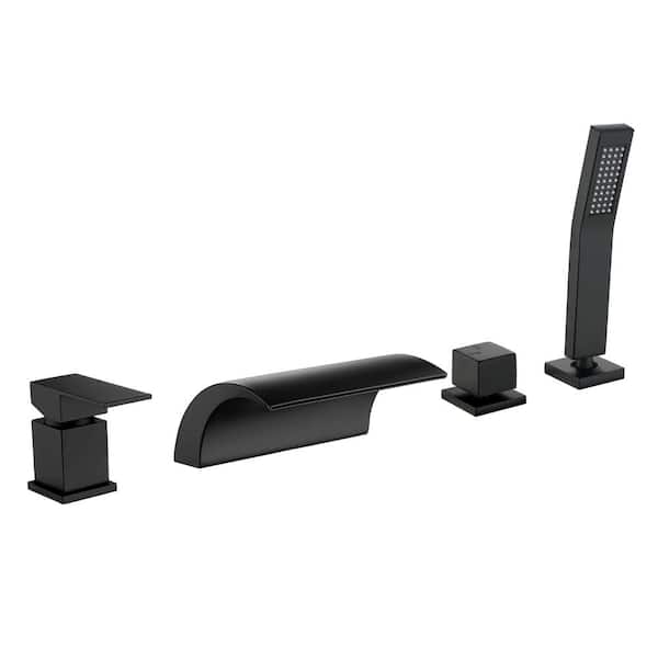 FLG 2-Handle Tub Deck-Mount Waterfall Roman Tub Faucet with Hand Shower 4-Hole Brass Tub Filler in Matte Black