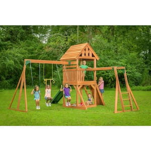 Mountain View Lodge Playset with Wooden Roof, Monkey Bars, and Multi-Color Swing Set Accessories and Green Slide