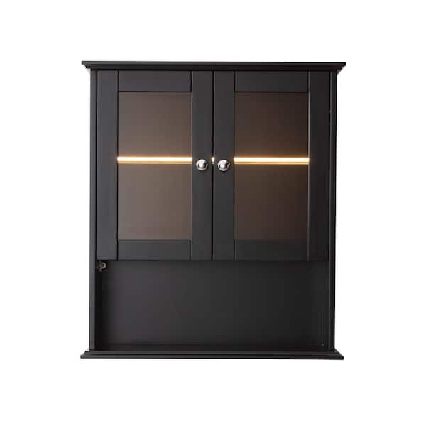 26 in. W x 8 in. D x 29.5 in. H Bathroom Storage Wall Cabinet in Black with Brown Glass Door and Human Body Sensor Light