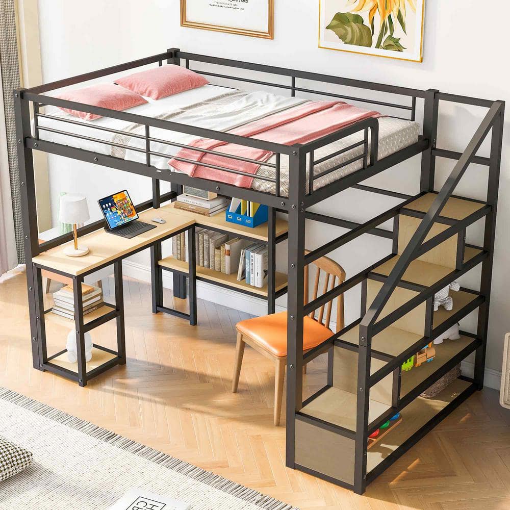 Full Size Black Metal Loft Bed with Desk and Storage Shelves